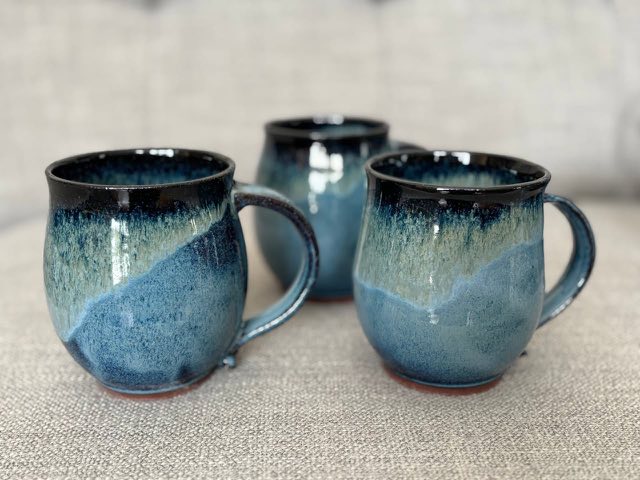 Blue drip-glaze pottery mugs