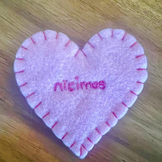 Felt heart craft with Cree word nicimos