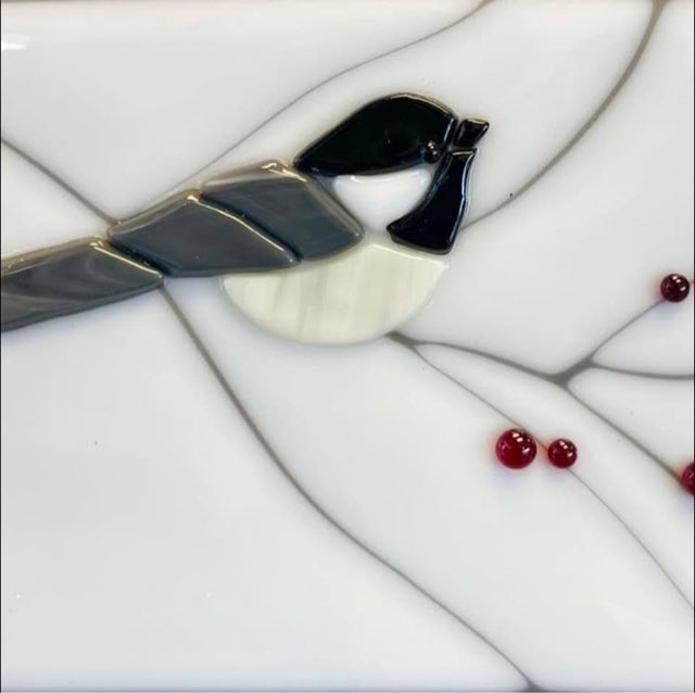 Fused glass chickadee panel with berries